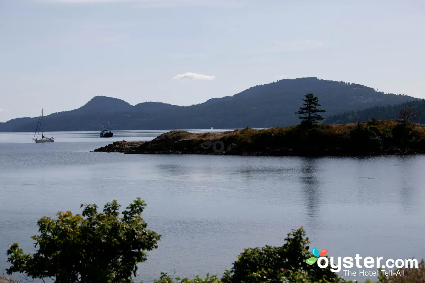 Sunset over Orcas Island’s rocky shores, golden light reflecting on calm, deep blue waters.